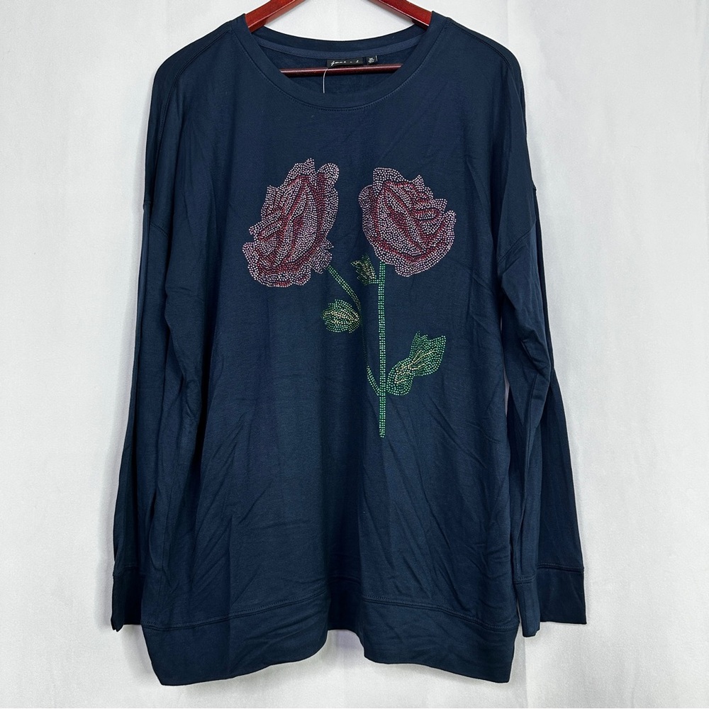 Joei & I Long Sleeve Floral Rhinestone Womens 2X Navy Rose Casual Top